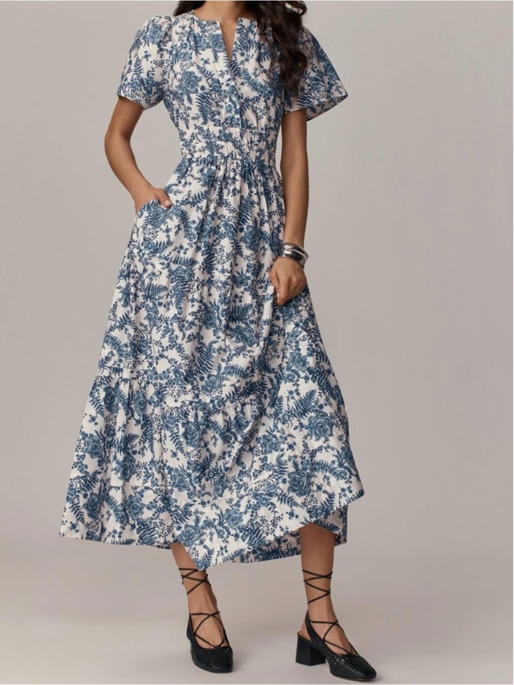 Anthropologie Somerset Maxi in Ivory Blue Fern Floral Tiered Cotton Dress